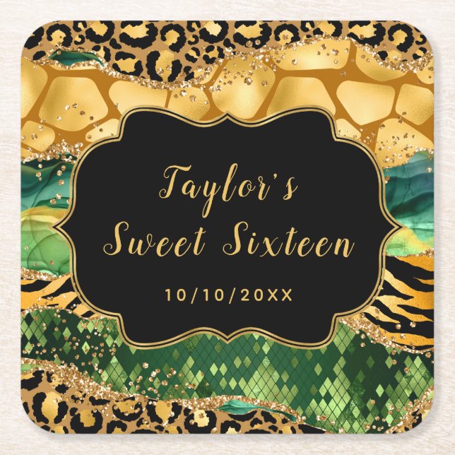 Gold and Green Safari Agate Sweet Sixteen Square Paper Coaster (Front)