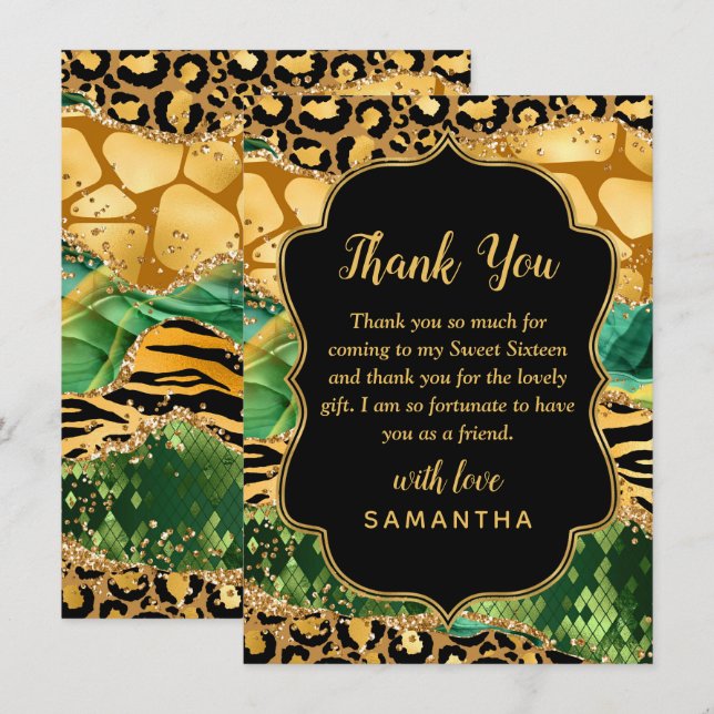 Gold and Green Safari Agate Sweet Sixteen Thank You Card (Front/Back)