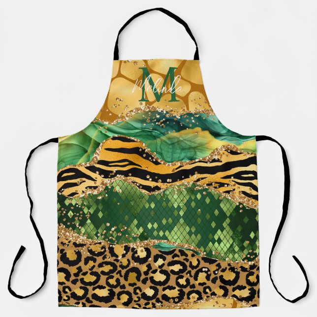 Gold and Green Safari Animal Print Agate Apron (Front)