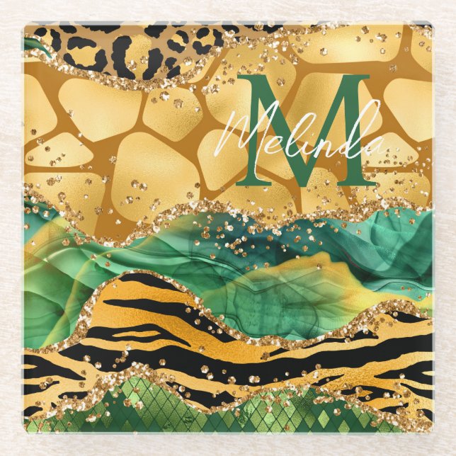 Gold and Green Safari Animal Print Agate Glass Coaster (Front)