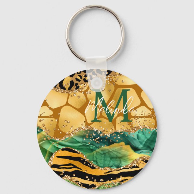 Gold and Green Safari Animal Print Agate Key Ring (Front)