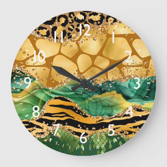 Gold and Green Safari Animal Print Agate Large Clock (Front)