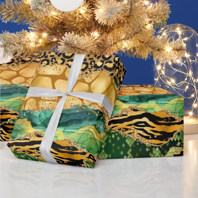Gold and Green Safari Animal Print Agate Wrapping Paper (Holidays)