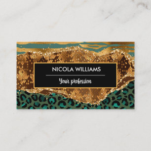 Gold and Green Safari Jungle Animal Print Agate Business Card