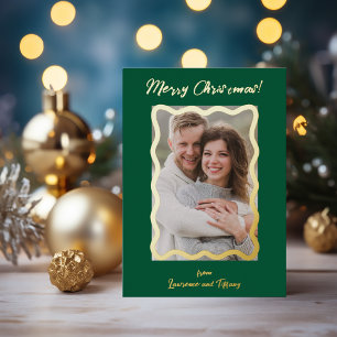 Gold and Green Scalloped Wavy Lines Frame Photo Foil Holiday Card