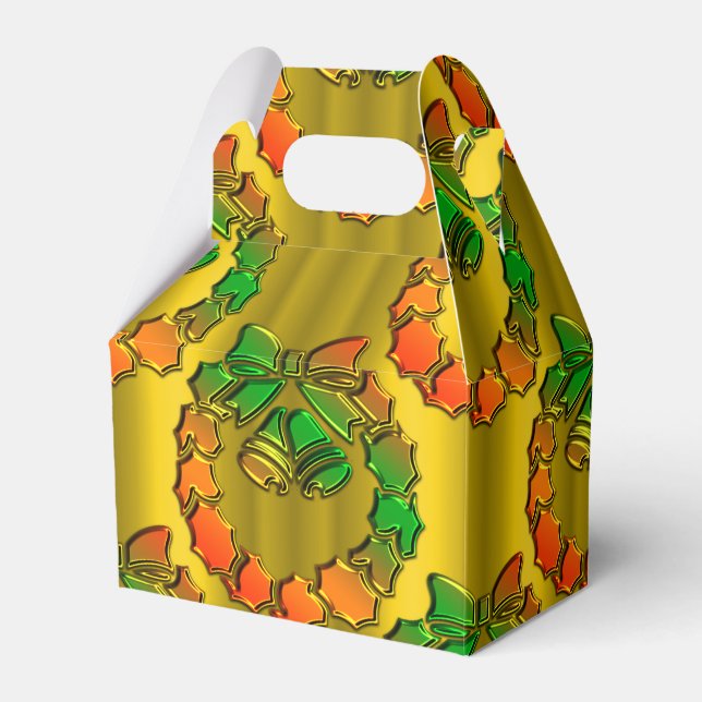 Gold and Green Shiny Christmas Wreath Favour Box (Front Side)