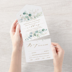 Gold and Green Watercolor Botanical Wedding All In One Invitation