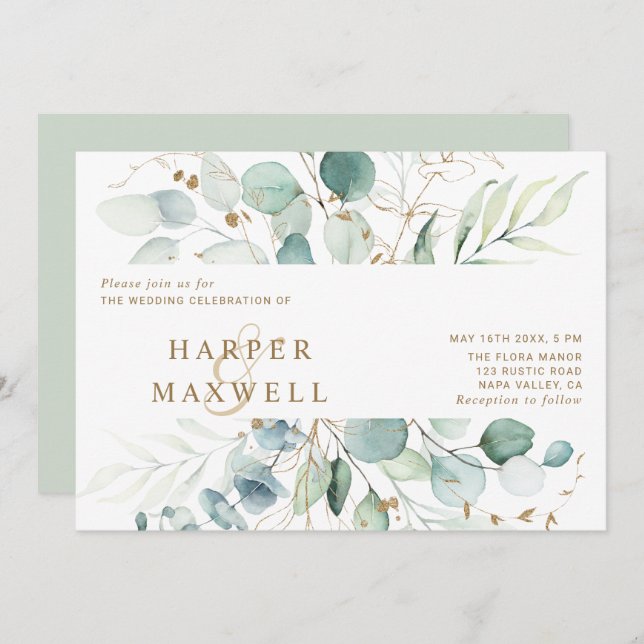 Gold and Green Watercolor Botanical Wedding Invitation (Front/Back)