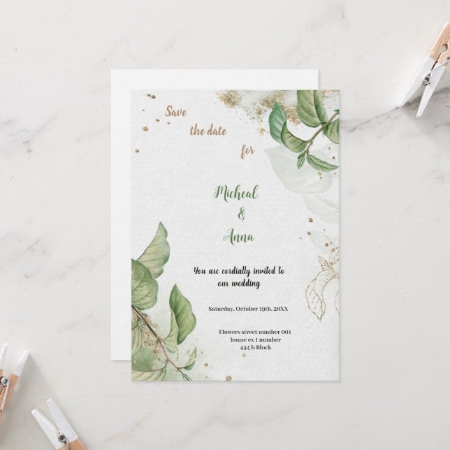 GOLD AND GREEN WEDDING INVITATION (Front/Back In Situ)