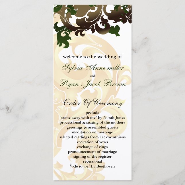 gold and green Wedding program Programme (Front)