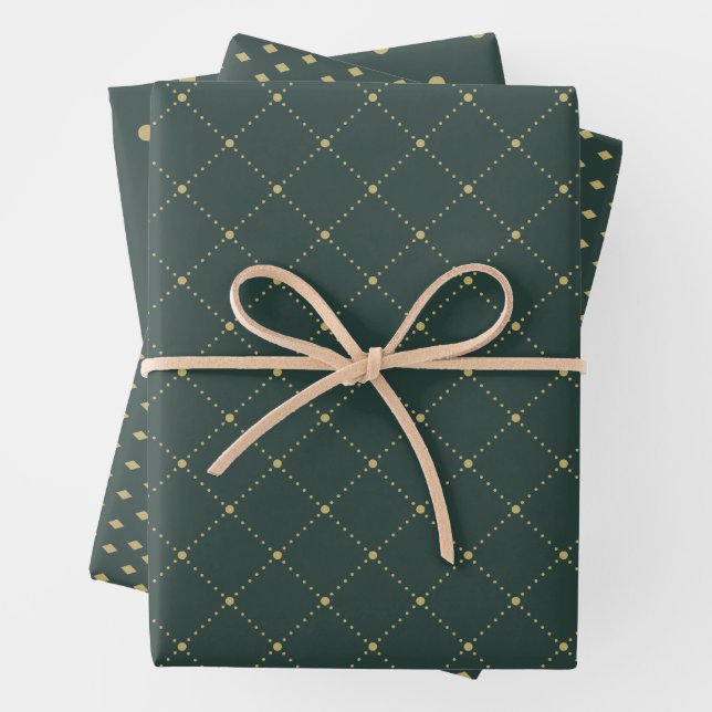 Gold and Green Wrapping Paper Flat Sheet Set of 3 (In situ)