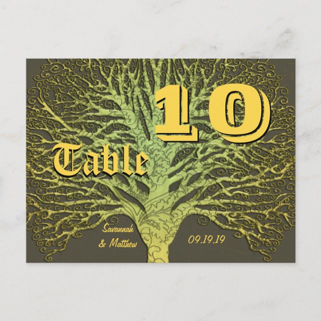 Gold and Green Yellow Damask Tree Table Number Postcard (Front)