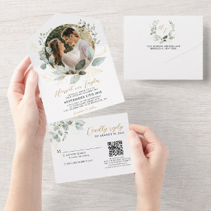 Gold and Greenery Eucalyptus QR Code Photo Wedding All In One Invitation
