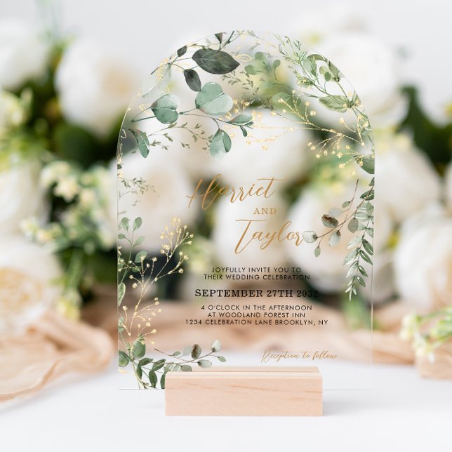 Gold and Greenery Eucalyptus Wedding Arch Acrylic Invitations (Creator Uploaded)