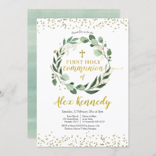 Gold and Greenery First Holy Communion Invitation