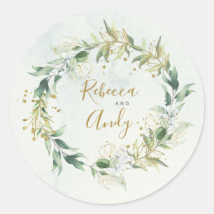 Gold and greenery wedding sticker, boho wedding classic round sticker