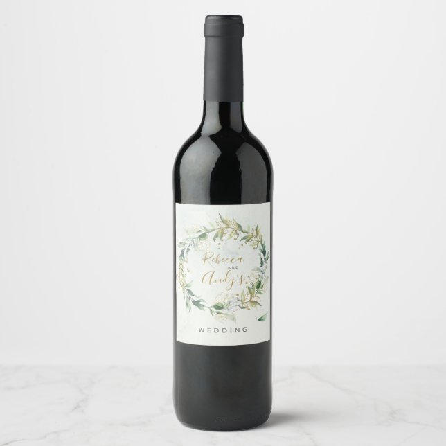Gold and Greenery wine label, boho wedding Wine Label (Front)