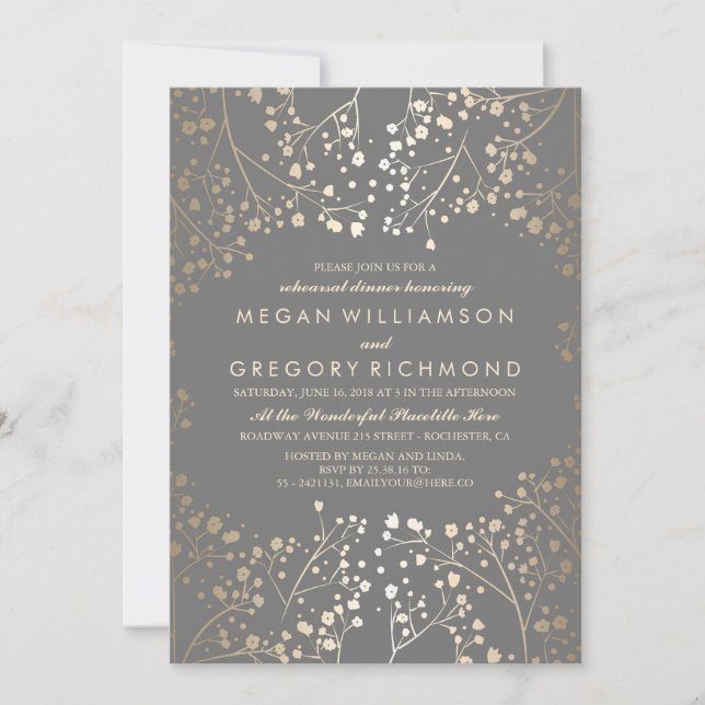Gold and Grey Baby's Breath Rehearsal Dinner Invitation (Front)