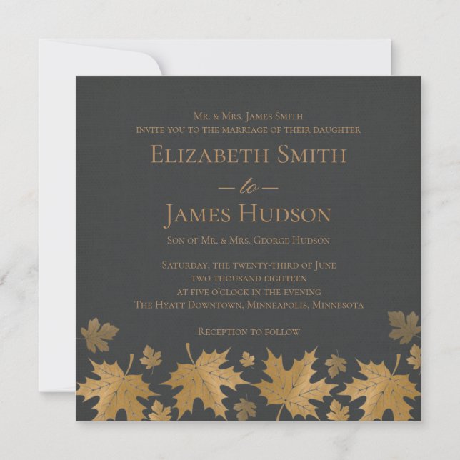 Gold and Grey Fall Leaves Wedding Invitation (Front)