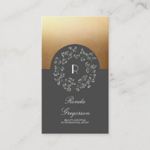 Gold and Grey Floral Baby's Breath Wreath Monogram Business Card