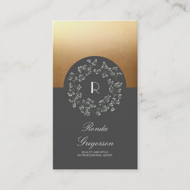 Gold and Grey Floral Baby's Breath Wreath Monogram Business Card (Front)