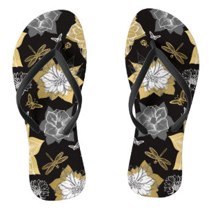 Gold And Grey Flowers Flip Flops
