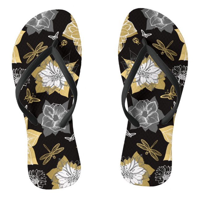 Gold And Grey Flowers Flip Flops (Footbed)