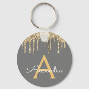 Gold and Grey Girly Sparkly Glitter Monogram Key Ring