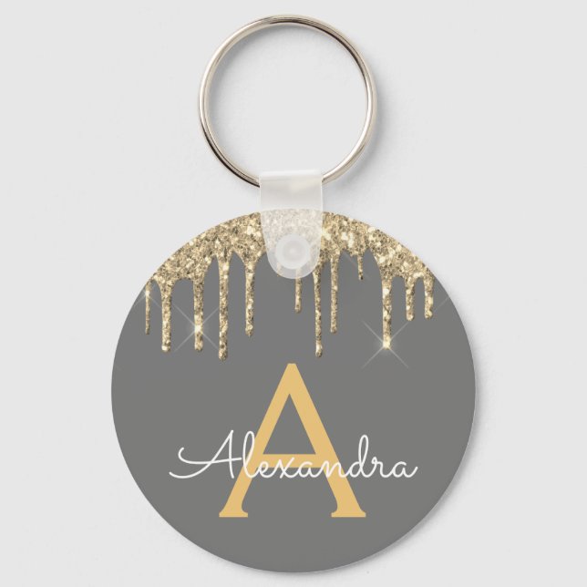 Gold and Grey Girly Sparkly Glitter Monogram Key Ring (Front)