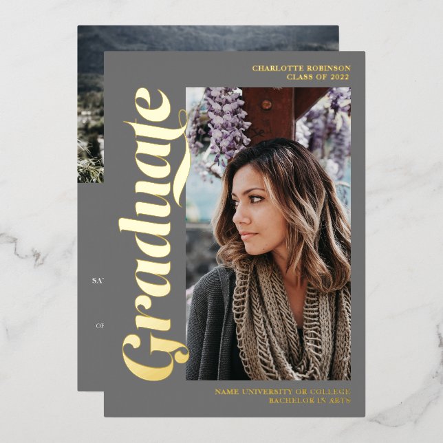 Gold and grey graduate script 3 photos graduation (Front/Back)