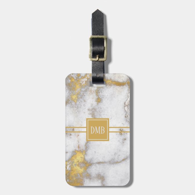 Gold and Grey Marble Pattern Monogram Luggage Tag (Front Vertical)
