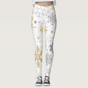 Gold and Grey Snowflakes in White Background Leggings