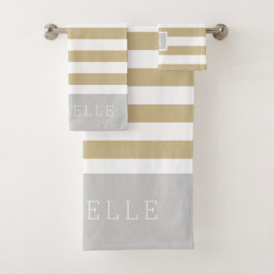 Gold and Grey Stripes Monogram   Editable Colours Bath Towel Set