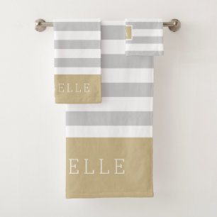 Gold and Grey Stripes Monogram   Editable Colours Bath Towel Set