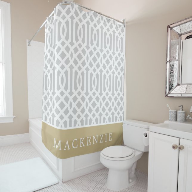 Gold and Grey Trellis Monogram | Editable Colours Shower Curtain (In Situ)