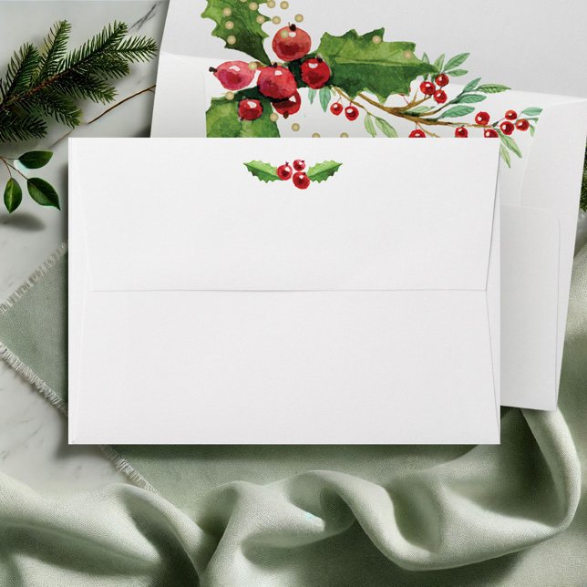 Gold and Holly Lined Envelope Christmas (Christmas envelopes 5x7 red and green watercolor berries and holly festive botanical art)