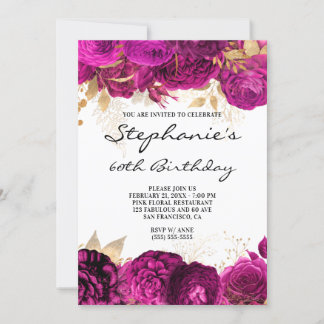 Gold and Hot Pink Floral Borders 60th Birthday Invitation