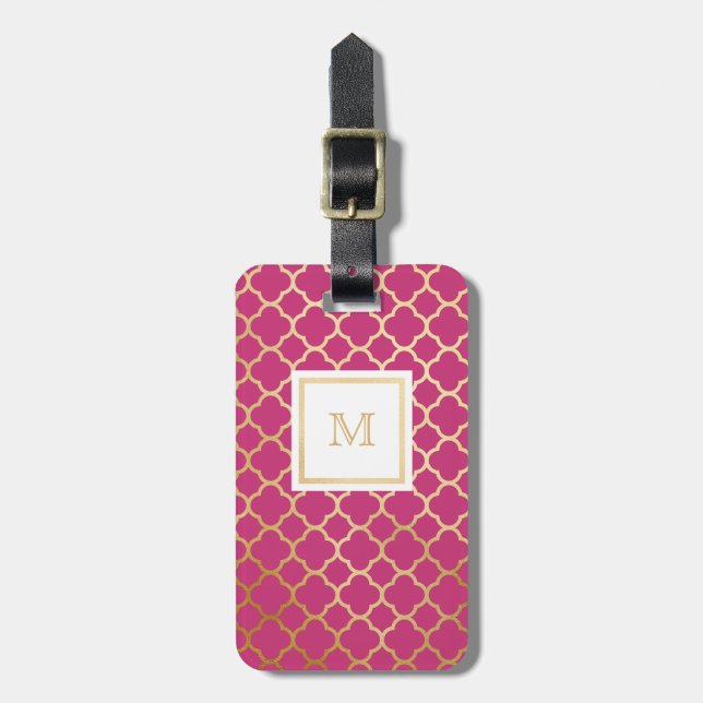 Gold and Hot Pink quatrefoil Luggage Tag (Front Vertical)