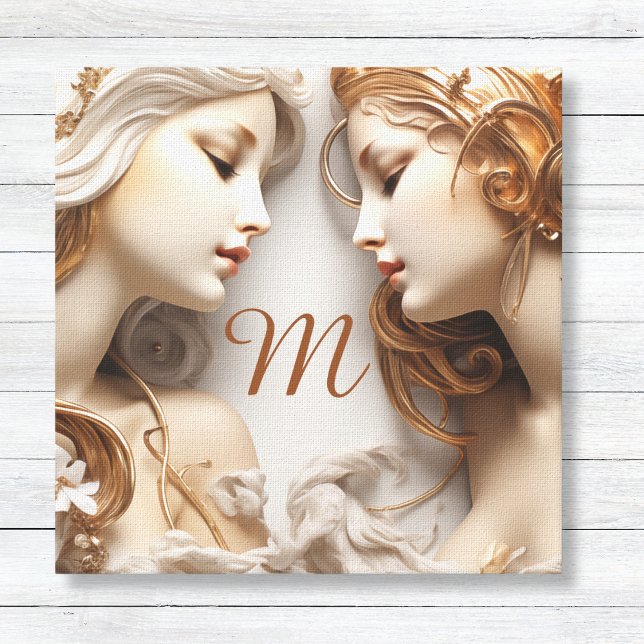 Gold and Ivory Angels Monogrammed Canvas Print (Gold and Ivory Faux 3D Angels Canvas Wall Art with Custom Monogram - Bedroom Art Divine Protection)