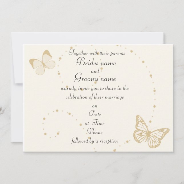 Gold and Ivory Butterfly theme wedding invitations (Front)