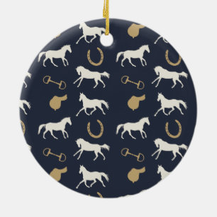 Gold and Ivory English Horses Pattern Ceramic Tree Decoration