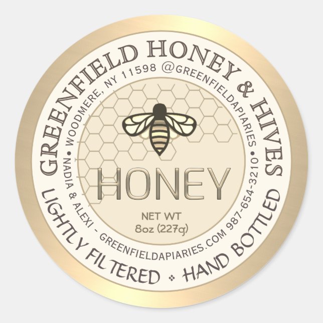 Gold and Ivory Honey Label with Honeycomb and Bee  (Front)