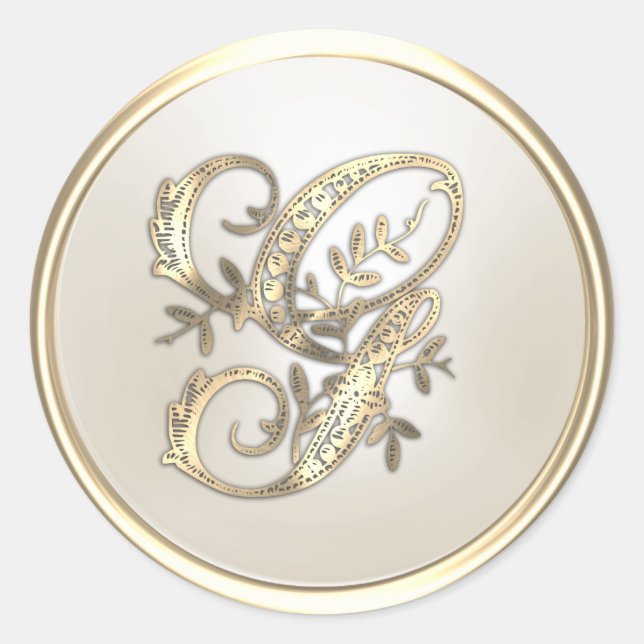 Gold and Ivory Ornate Initial Monogram G Classic Round Sticker (Front)