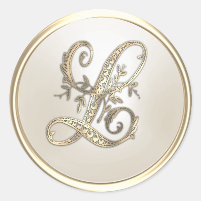 Gold and Ivory Ornate Initial Monogram L Classic Round Sticker (Front)