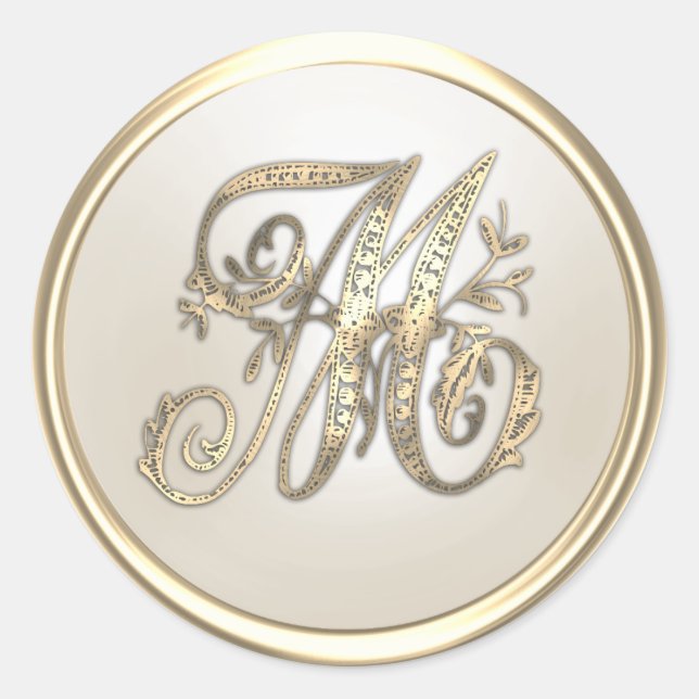 Gold and Ivory Ornate Initial Monogram M Classic Round Sticker (Front)