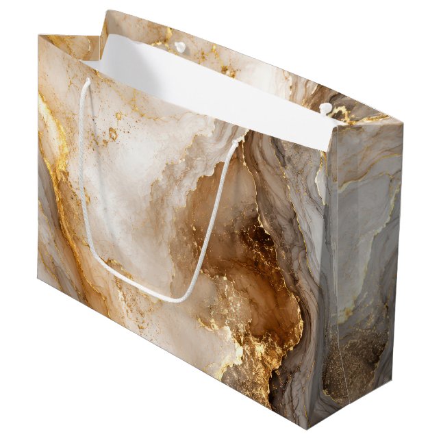 Gold and Ivory White Marble Abstract Large Gift Bag (Front Angled)