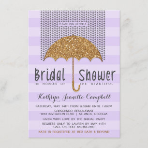 Gold and Lavender Umbrella & Hearts Bridal Shower Invitation