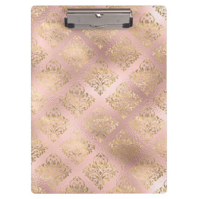 Gold and Light Pink Foil Glam Damask Pattern Clipboard (Front)