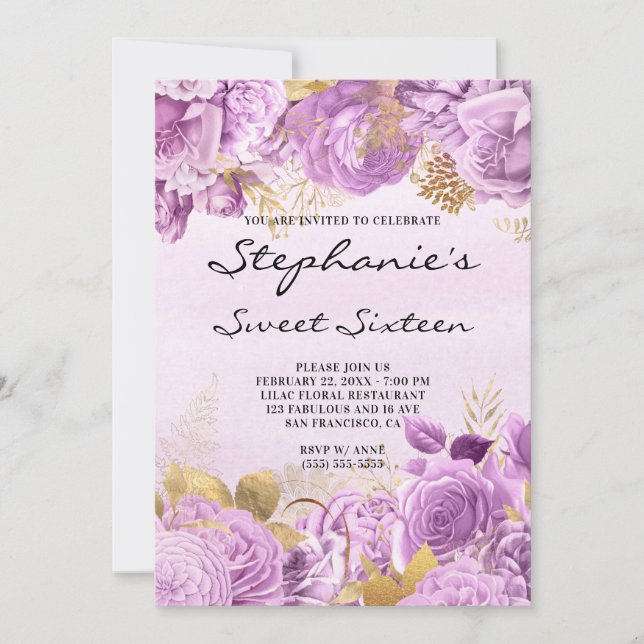Gold and Lilac Floral Watercolor Sweet Sixteen Invitation (Front)