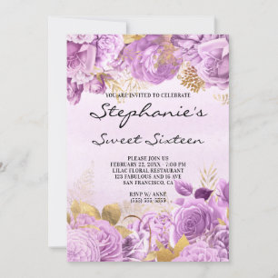 Gold and Lilac Floral Watercolor Sweet Sixteen Invitation
